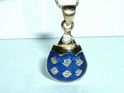 ORO 14K AZUL ESMALTE DIAMANTE MONEDERO BOLSO COLGANTE ENCANTO Foto 1 de 4