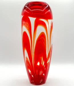 Mundgeblasene Kunstglas Vase poliert Pontil rot Bernstein gezogen Federwirbel 14" - Bild 1 von 6