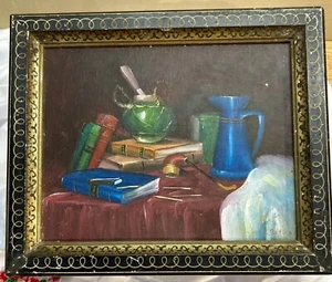 Dipinto olio tela natura morta libri pipe brocca cornice art deco arte vintage - Foto 1 di 15