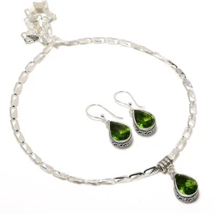 Peridot 925 Silver Plated Handmade Necklace & Earrings Set of 18" - Picture 1 of 3