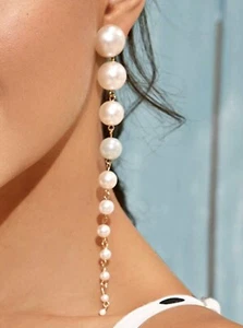 Women Alloy Geometric Pearl Stud Ear Dangle Drop Earrings Jewelry Fashion Gift - Picture 1 of 2