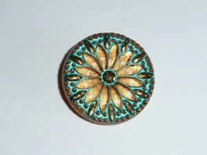 Gorgeous Czech Glass Flower Button - Gold w/ Gold & Turquoise Color Finish 31mm - Picture 1 of 10