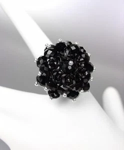 SPARKLE SHIMMER Black Crystals Floral Cluster Cocktail Stretch Ring - Picture 1 of 3