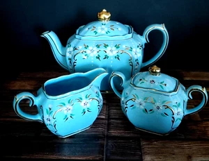 Rare Sadler Cube Tea Set Teapot Creamer Covered Sugar Blue Hand Painted Flowers - Picture 1 of 10
