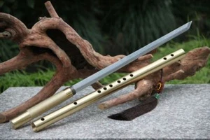 Sehr schönes Messingflöte Schwert Messer scharf Damaststahl Klinge Kann Spielwerkzeug - Bild 1 von 8