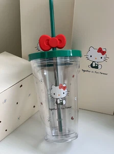 NEU Starbucks X Hello Kitty 16 Unzen Kaltwasser Kunststoff Strohhalmbecher mit süßen Schleifen - Bild 1 von 13