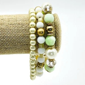 Beaded Stretch Bracelet Lot of 3 Faux Pearl and Gold White Beads and Green Multi - Picture 1 of 12