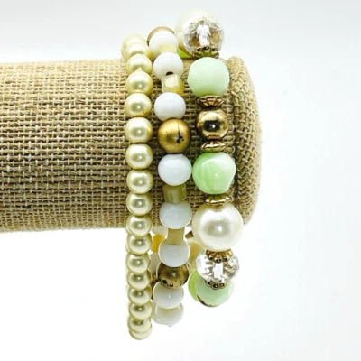 Lote de 3 Brazaletes Elásticos de Cuentas Imitación Perla y Oro Blanco Cuentas y Verde Multi Foto 1 de 4