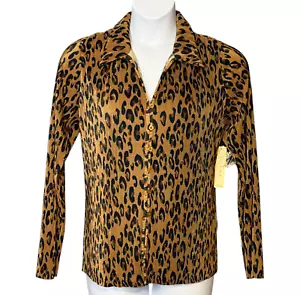 New Cyrus Button Up Blouse Crinkle Plisse Animal Print V Neck Long Sleeve XL NWT - Picture 1 of 9