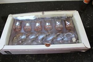Vintage Dimlaj Decorated Glass Set With Saucers Serving For 6 In Original Box