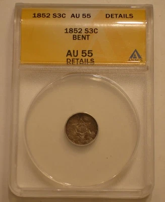 1852 Three Cent Silver 3¢  ANACS AU 55 details bent - Image 1 of 4
