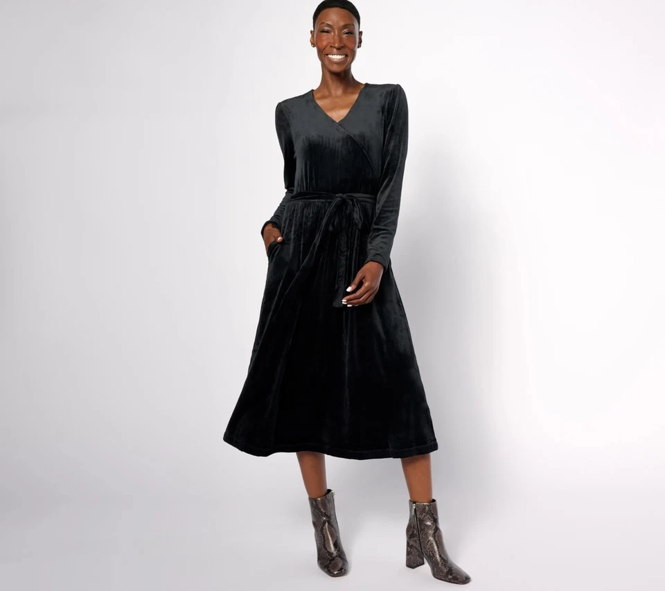 Denim & Co. Velour Regular V-Neck Midi Dress Black 1X New - Image 1 of 1