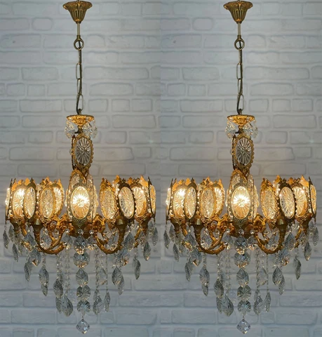 Matching Pair Antique Vintage 10 Arms Brass & Crystals Bohemia Chandelier Lamp Cover