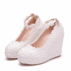 Women Wedding Party Club Pumps Flower Lace Pearl Platform High Wedge Heels Shoes - Picture 1 of 7