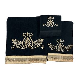 Avanti Black 3pc Luxury Towels Fancy Scroll Embroidery Peach Gold Trim