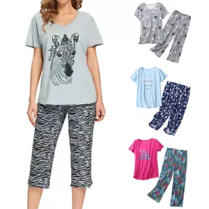 Womens Cartoon Pajama Set Short Sleeve V Neck Capri Soft Cute 2 Piece Lounge Pjs - Picture 1 of 42