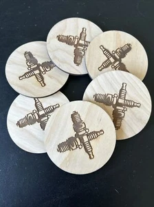 Spark Plug Coaster Set of 6, Wooden Coasters, Absorbant, 3 1/2 In Diameter - Picture 1 of 3