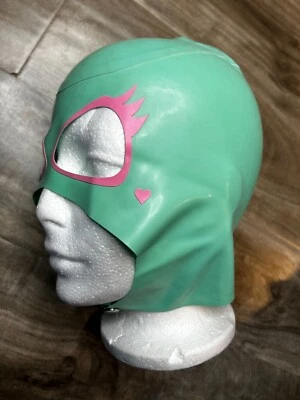 Jade Lucha Latex Hood Baby Pink Trim and Eyelashes Used Size S Snap Closure - Image 1 of 4