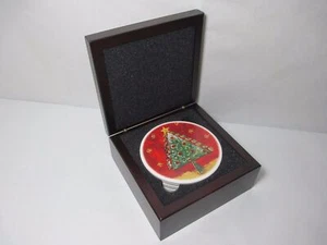 Ceramic 4 Table Coasters in Wood Box Cork Bottom Christmas Tree Wreath Very Nice - Picture 1 of 12