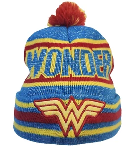 Wonder Woman Beanie Hat w/ Pompom Infant/Toddler Girls Red Yellow Blue Striped - Picture 1 of 6