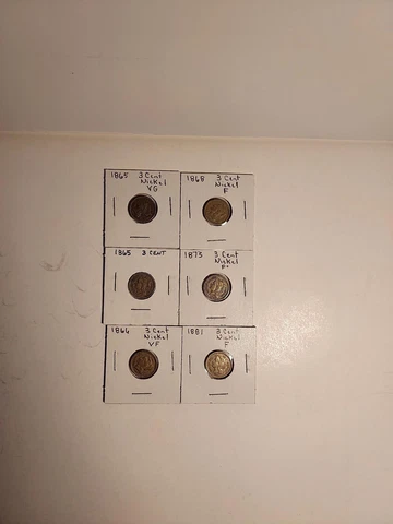 1865(2), 1866, 1868, 1873, 1881 3 Cent Nickels (6 total) Cover