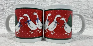 Holly Duck Mother Goose Country Geese Christmas Red & White Coffee Mug Set - Picture 1 of 8