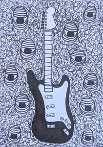 Original ACEO Ink Drawing Illustration Electric Guitar Music Rock n Roll Art - Picture 1 of 3