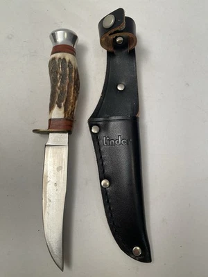 Vintage Linder Solingen Germany Hunting Knife W/ Sheath 7” Fixed Blade Antler - Image 1 of 4