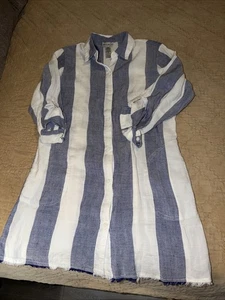 Tommy Bahama Leinenkleid Gr. S Rohkante blau weiß gestreift Taschen LL904 - Bild 1 von 3