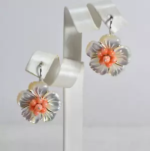 ORECCHINI ARGENTO 925 FIORI MADREPERLA BIANCA 25 mm CORALLO ROSA AGHT 0416RA - Foto 1 di 3