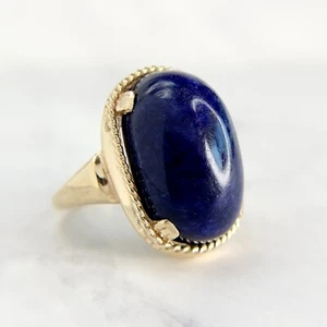 Vintage 14K Yellow Gold Lapis Lazuli Cabochon Rope Twist Bezel Statement Ring - Picture 1 of 8