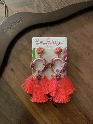 Lilly Pulitzer Coral Spritz PARADISE PETALS STATEMENT EARRINGS Tassels FLAWED - Image 1 of 4