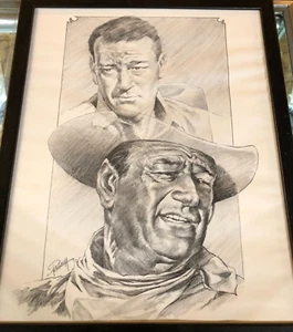JOHN WAYNE CHARCOAL LINE DRAWINGS BY ARTIST PETRONELLA 17X21 - Picture 1 of 2