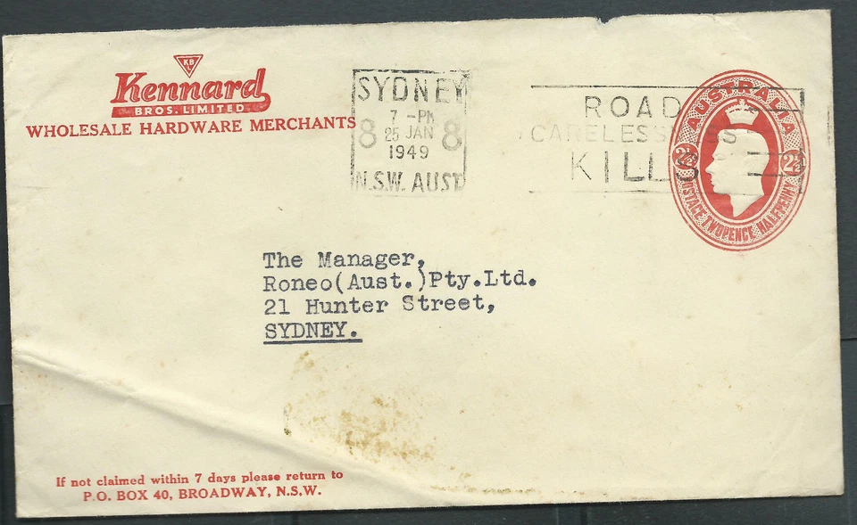 Kennard Bros Ltd 1949 Hardware Merchants Australia KGVI cubierta postal en relieve Foto 1 de 1
