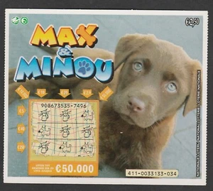 Hunde Original Vintage belgische Lotterie Rubbelkarte Max Minou Schokolade Labrador - Bild 1 von 2