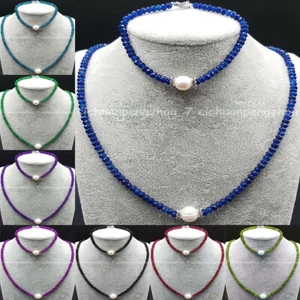 Natural 2x4mm Faceted Gemstone Beads 9-10mm White Pearl Necklace Bracelet Set - Picture 1 of 17