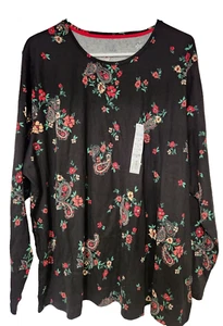 Croft & Barrow T-Shirt Classica Manica Lunga Donna 2X Nero Paisley Comoda NUOVA - Foto 1 di 5