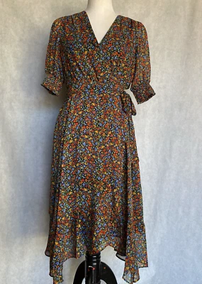 TOMMY HILFIGER Size 8 Floral Puff Sleeve Mock Wrap Tie Waist Lined Midi Dress - Image 1 of 4