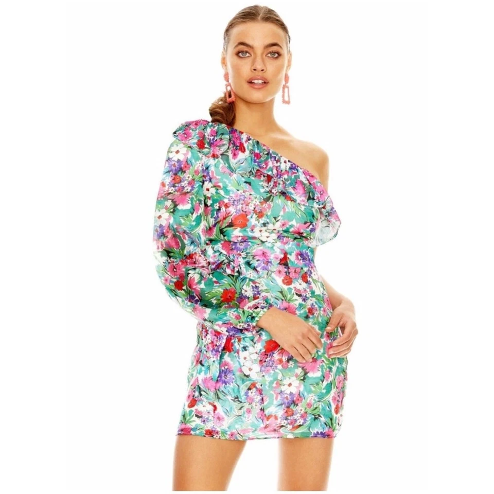 Mini Vestido Floral La Maison Talulah Para Mujer Talla M Manga Única Volantes Rosa Verde Foto 1 de 4