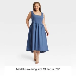 A New Day Women's XXL Blue Ribbed Square Neck Stretch Midi Ballet Dress NWT - Picture 1 of 6