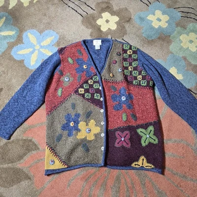 Vintage Susan Bristol Sweater Womens 2W Patchwork Cardigan Fall 2001 Y2K - Image 1 of 4