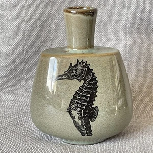 Stoneware Seahorse Vase Applied Design Green Black Unsigned Beach Sea Life Decor - Picture 1 of 9