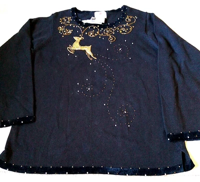 Quacker Factory Black Gold Sequin Reindeer Sweater Women's Large New with Tags - Image 1 of 4