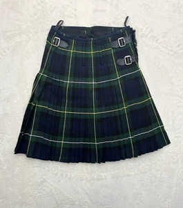 Scottish Highland Kilt Skirt Mens Size 32 Green Tartan Pleated Leather Buckles - Picture 1 of 13