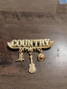 "JJ" Jonette Jewelry Bronze Pewter 'COUNTRY' Boot Guitar Hat Charms Pin - Picture 1 of 5