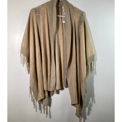 Poncho para mujer Chicos imitación gamuza Ruana envolvente boho bordado flecos tostado OS Foto 1 de 4
