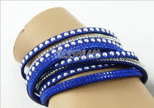 PULSERA/COLLAR DE CUERO AZUL OSCURO Y DIAMANTES DE IMITACIÓN ENVUELTOS BLING - Imagen 1 de 8