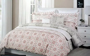 Cynthia Rowley 3 Piece Reversible Duvet Cover Set Salmon, White and Grey F/Q NEW - Picture 1 of 5