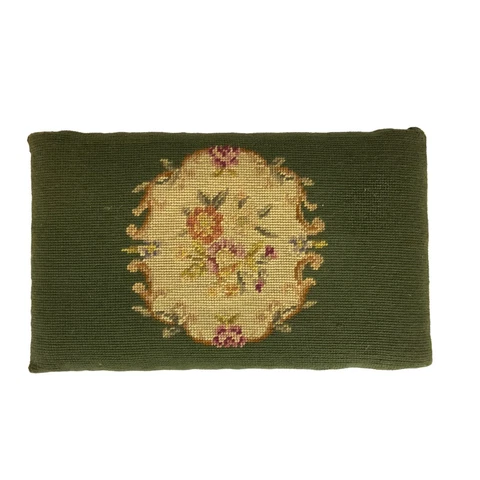 Needlepoint Floral Footstool Cushion Dark Green Vintage Hand Stitched 16x9.5 Cover