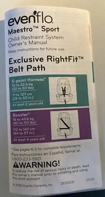 Evenflo Maestro Arnés Deportivo Niño Pequeño 2 en 1 Elevador Asiento de Coche Niño Tarjeta Manual Foto 1 de 4